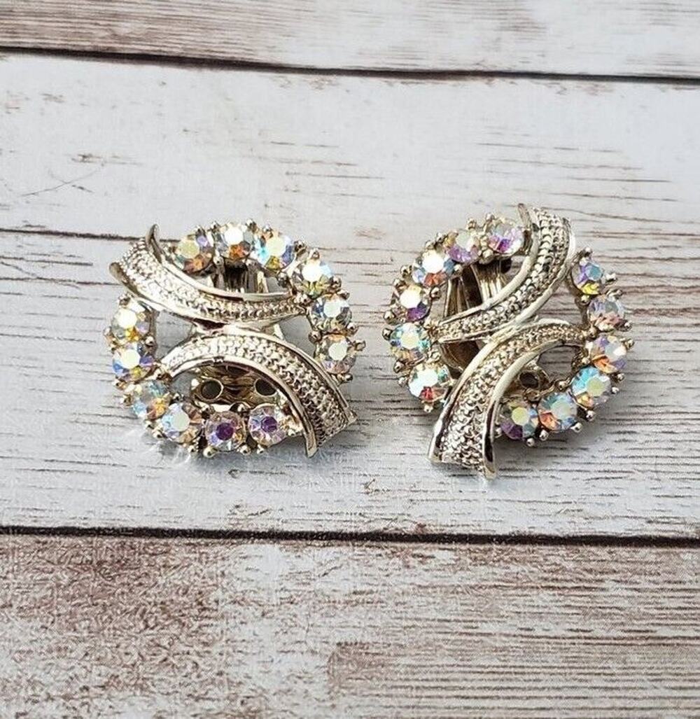 Vintage Clip On Earrings - Gold Tone & Iridescent Gems Stunning Statement